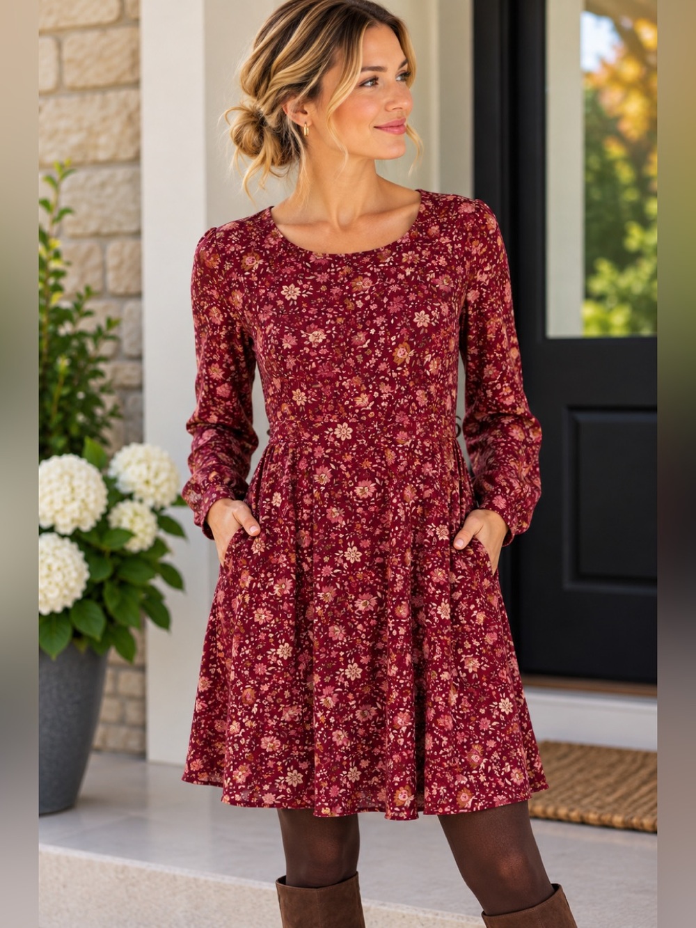 April Cornell Burgundy Floral Rayon Long Sleeve Dress Size L